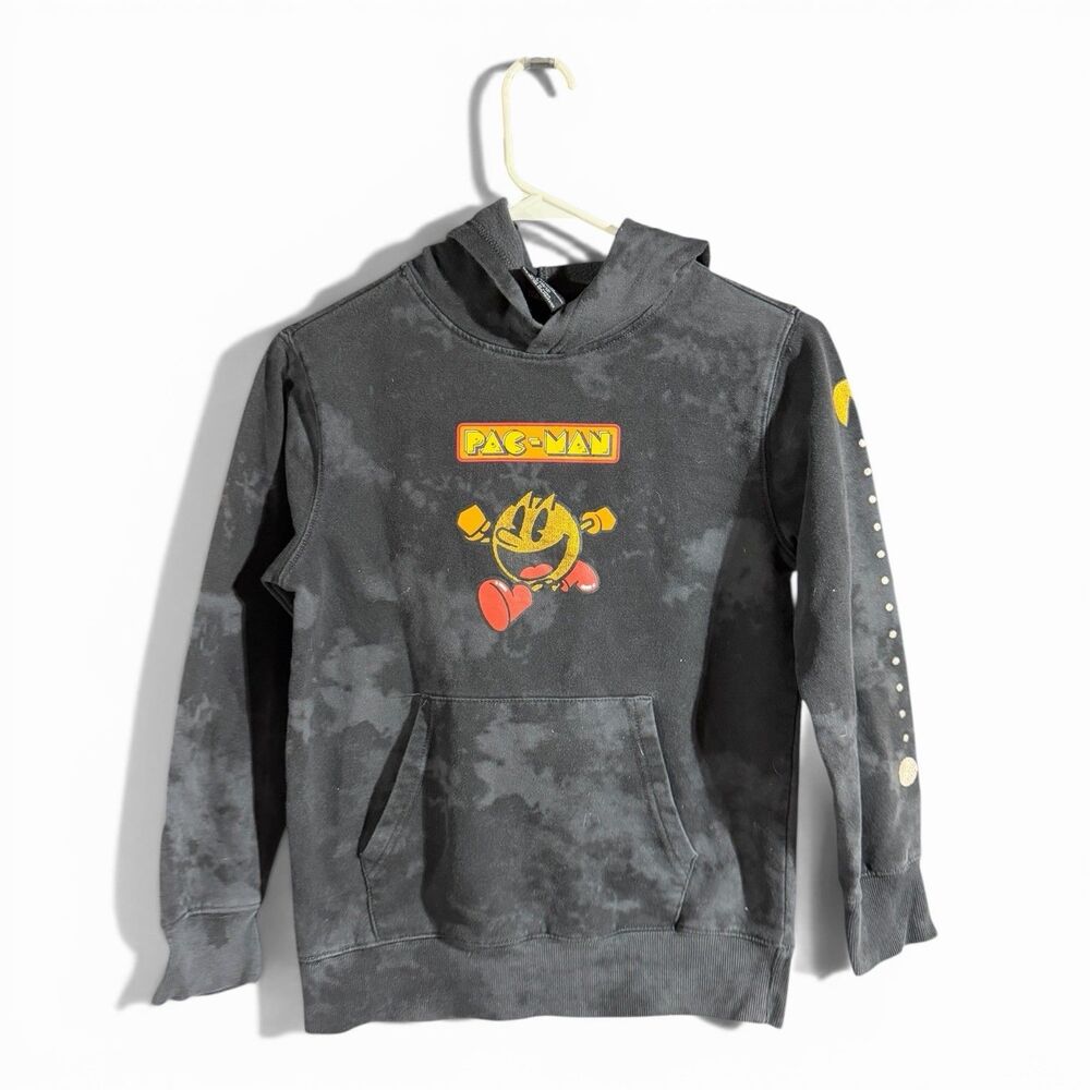 Pac-Man Hoodie Youth Large 10/12 Black Tie Dye Graphic Pullover Sweatshirt